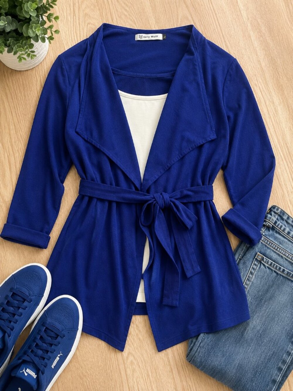 Kelly Wolff Bamboo Wrap Cardigan Women's Large Cobalt Blue Tie Waist Waterfall